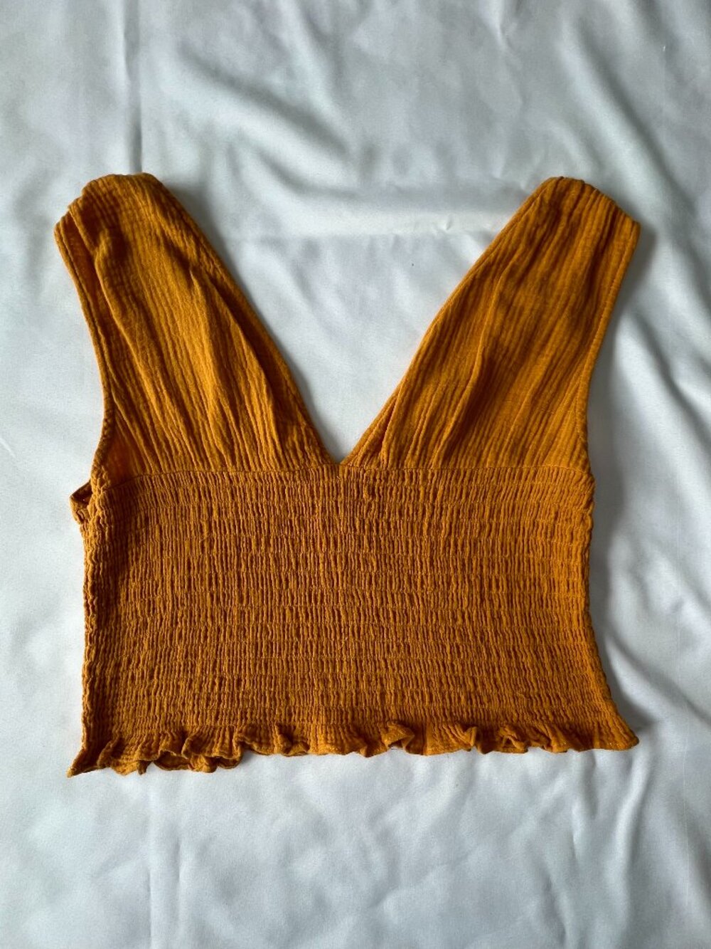 Anthropologie Mustard Yellow Smocked Crop Top Size Large Ruffled Hem V Neckline